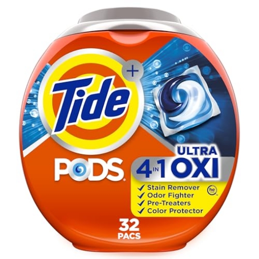 Picture of Tide 80368158 Tide 4-n-1 Ultra Oxi PODS Laundry Detergent Pacs, 32 Count, HE Compatible, Built in Pre-Treater for Stains (PK-4-EA)