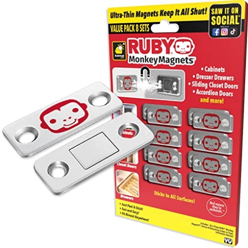 Picture of TELEBRANDS CORPORATION 16562-8 Ruby Monkey Magnets AS-SEEN-ON-TV, Ultra-Thin Magnetic Plates Keep It All Shut, Fast and Easy Installation, Just Peel & Stick, Slim Design Fits Virtually Anywhere, Cabinets, Drawers & More, 8 Sets (EA)