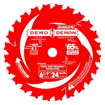 Picture of Diablo D0624DA Diablo Demo Demon Ultra-Thin Framing/Demolition Saw Blade for Wood - 6-1/2" Diameter, 24 PYR Teeth, 5/8" Arbor, .059" Kerf, 18� Hook Angle, .039" Plate, 8000 Max RPM - D0624DA (PK-10-EA)