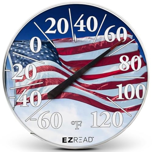 Picture of HEADWIND 840-1221 EZREAD Hanging Dial Thermometer 840-1221 Weather Thermometers for Indoor and Outdoor Use, Large 12.5 Inch Diameter, Easy to Read Numbers, American Flag (EA)