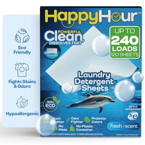 Picture of HAPPY HOUR 6546 HAPPY HOUR Laundry Detergent Sheets Fresh Scent – 120 Loads, Eco Friendly, Liquidless Soap, Travel Friendly for Hot & Cold Cycles, Fights Tough Stains & Odors, Hypoallergenic for Sensitive Skin (EA)