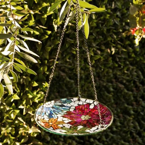 Picture of Alpine Dairy, Inc. HMD214 Alpine Corporation 10" Round Glass Mosaic Floral Hanging Birdbath, Multicolor (PK-4-EA)