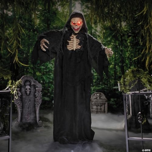 Picture of Morris Costumes ATC00197 5 Ft. 10 3/4" Animated Standing Skeleton Reaper with Black Cloak Halloween Decoration (EA)