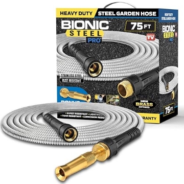 Picture of BIONIC STEEL 2429 Bionic Steel PRO 75ft Garden Hose with Nozzle, 304 Stainless Steel Metal 75ft Water Hose Flexible Hose, Kink Free, Lightweight & Heavy Duty, Crush Resistant Fitting, Easy Coil, 500 PSI 2025 Model (PK-2-EA)