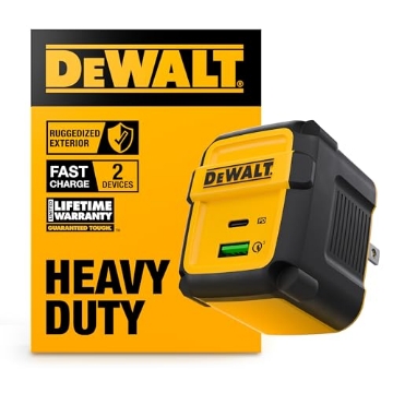 Picture of DEWALT(R) 131 0851 DW2 DEWALT Heavy Duty 49.5W Dual USB & USB C Charger Block (Cable Not Included), USBC Power Adapter, 2 Port Compact Foldable Fast Wall Charger for iPhone 17/16/15/14 Galaxy Pixel 4/3 iPad - Black & Yellow (EA)