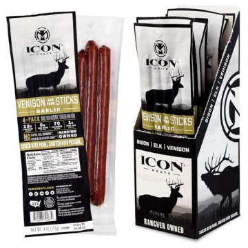 Picture of ICON MEATS 74087 ICON Meats Venison and Pork Snack Sticks - Garlic Flavor - 6 Packs Per Box, 4 Sticks Per Pack, All Natural Jerky Meat Sticks, USDA Approved, Diet Friendly, High Protein, Low Calorie, Sugar Free (PK-6-EA)