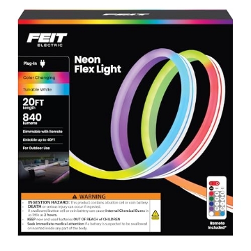 Picture of FEIT ELECTRIC CO NF20/CHASE Feit Electric 20ft Outdoor Neon Flex Light, Color & Tunable White, Dimmable, Bendable Strip with Remote Control, Chasing Effects, Plug-in, Connectable up to 40ft, Ideal for Decks & Patios, NF20/CHASE (EA)