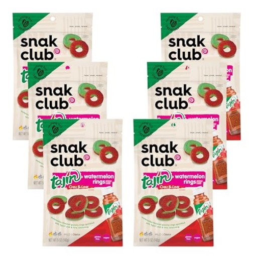 Picture of CENTURY SNACKS LLC 1721610 Snak Club Tajin Watermelon Rings Gummy Candy, Fruit Candy Gummies with Chili and Lime Seasoning, Mild, Gluten-Free and Vegan Snacks, 5 oz Resealable Bags, 6 Pack (PK-6-EA)