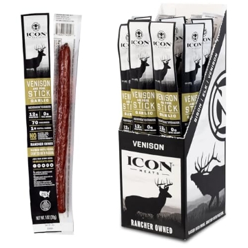 Picture of ICON MEATS 74126 ICON Meats Venison and Pork Snack Sticks - Garlic Flavor - 24 Pack of Individually Wrapped Meat Sticks, USDA Approved, All Natural Artisan Meats, Diet Friendly, High Protein, Low Calorie, Sugar Free (PK-24-EA)