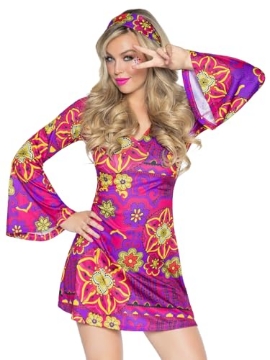 Picture of Leg Avenue UA83048SD Leg Avenue womens - 2 Piece Hippy Girl Dress Set Flower Bell Sleeved Dress With Matching Headband for Women Adult Sized Costumes, Multi, Small Medium US (EA)