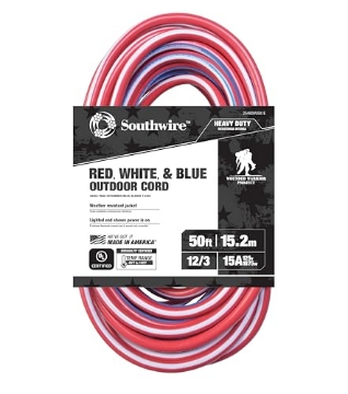 Picture of SOUTHWIRE COMPANY LLC 2548SWUSA1 Southwire Heavy Duty Extension Cord, 50Ft, 12 Gauge, 3 Conductor, Outdoor Cord, Lighted End, SJTW, Red/White/Blue, 2548SWUSA1 (EA)