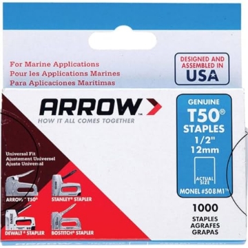 Picture of ARROW FASTENER CO LLC 508M1 Arrow 508M1 Heavy Duty T50 Monel Staples for Marine Applications, 1/2-Inch Leg Length, 3/8-Inch Crown Size, 1000-Pack, Made in the USA (PK-5-EA)