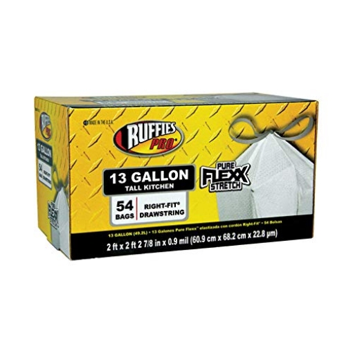 Picture of RUFFIES 1061473 Ruffies Pro Pure Flexx Stretch 13 gal. Tall Kitchen Bags Drawstring 54 pk - Case of: 6; Each Pack Qty: 54; Total Items Qty: 3246 (PK-6-EA)