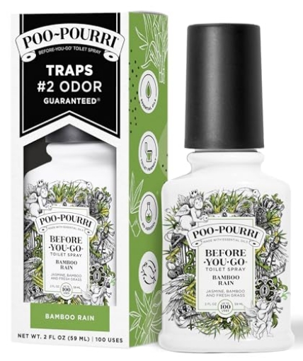 Picture of Poo-Pourri BB9620 Poo-Pourri Before-You-Go Toilet Spray, Bamboo Rain, 2 Fl Oz, Up to 100 Uses, Bathroom Odor Deodorizer with Essential Oils for Home or Work, Travel Essentials, TSA Approved Size, Bamboo & Fresh Grass (EA)