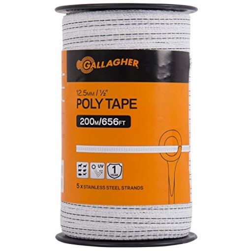Picture of GALLAGHER G62304 Gallagher Electric Fence Poly Tape | Ultra White 656 Ft Roll | 5 Stainless Steel Rust Resistant Strands | Suitable for Portable & Semi Permanent Electric Fences | UV Resistant 1/2" Diameter Poly Tape (EA)