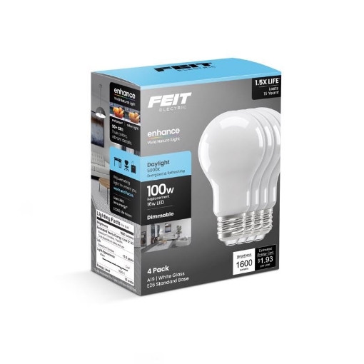 Picture of FEIT ELECTRIC CO A100/950FIL/4GB Dimmable 16W LED Bulbs (4-Pack), Daylight (5000K), A19, E26 Base, Frosted, Enhance by Feit Electric (EA)