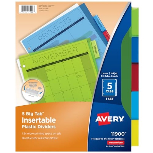 Picture of AVERY PROD 11900 Avery Dividers for 3 Ring Binders, 5-Tab Plastic Binder Dividers, Insertable Big Tabs, Multicolor, 1 Set (11900) (ST-5-EA)