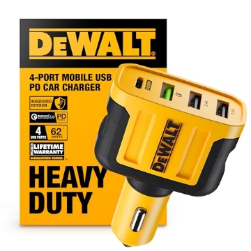 Picture of DEWALT(R) 141 9009 DW2 DEWALT Heavy Duty 4 Port USB C Car Charger Multiport, Fast 60W USB Cigarette Lighter Adapter, PD Type C Multi Car Phone Charger, Cell Phone Automobile Chargers Compatible iPhone 17/16/15 Samsung (EA)