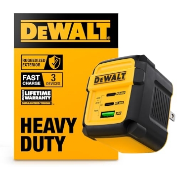 Picture of DEWALT(R) 131 0869 DW2 DEWALT Heavy Duty 3 Port Dual USB C Charger Block, USB C Power Adapter GaN Charger (65W), PPS 3-Port Fast Compact Foldable for MacBook Pro/Air iPad Pro Galaxy S23 Dell XPS 13 iPhone 17/16/15 (EA)