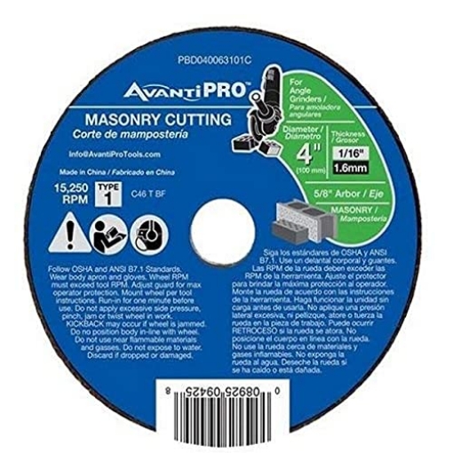 Picture of AVANTI PRO PBD040063101C AVANTI PRODUCTS PBD040063101C Masonry Cutting Disc Type Abrasive Cutoff Wheel, 4" x 1/16" x 5/8" (EA)