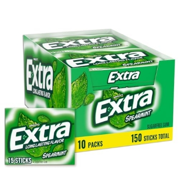 Picture of Wrigleys 110474 Extra Gum Spearmint Sugarfree Gum Bulk, Individually Wrapped, Perfect for Fresh Breath at School, Work, and Travel 15 Count, Pack of 10 (PK-10-EA)