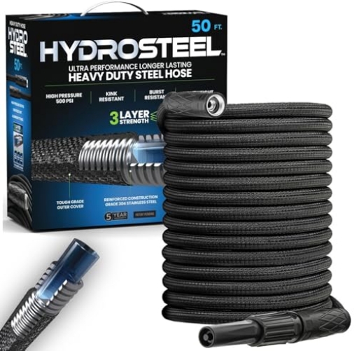 Picture of HYDROSTEEL 8589 Hydrosteel 50 Ft Garden Hose, 304 Stainless Steel Metal Water Hose 50Ft, Ultra Durable Flexible Lightweight Crush Resistant Fittings Kink & Tangle Free 5/8” Inner Diameter, 500 PSI AS SEEN ON TV (EA)