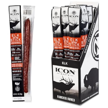 Picture of ICON MEATS 74099 ICON Meats Elk and Pork Snack Sticks - Original Flavor - 24 Pack of Individually Wrapped Jerky Meat Sticks, USDA Approved, All Natural, Diet Friendly, High Protein, Low Calorie, Sugar Free (PK-24-EA)