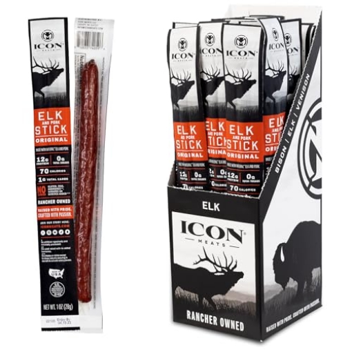 Picture of ICON MEATS 74099 ICON Meats Elk and Pork Snack Sticks - Original Flavor - 24 Pack of Individually Wrapped Jerky Meat Sticks, USDA Approved, All Natural, Diet Friendly, High Protein, Low Calorie, Sugar Free (PK-24-EA)