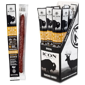 Picture of ICON MEATS 74061 ICON Meats Bison and Pork Snack Sticks - Honey BBQ Flavor - 24 Pack of Individually Wrapped Jerky Meat Sticks, USDA Approved, All Natural, Diet Friendly, High Protein, Low Calorie, Low Sugar (PK-24-EA)
