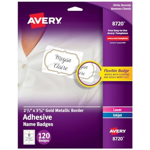 Picture of AVERY PROD 08720 Avery Flexible Printable Name Tags, 2-1/3" x 3-3/8", White with Gold Border, 120 Removable Name Badges (08720) (PK-120-EA)