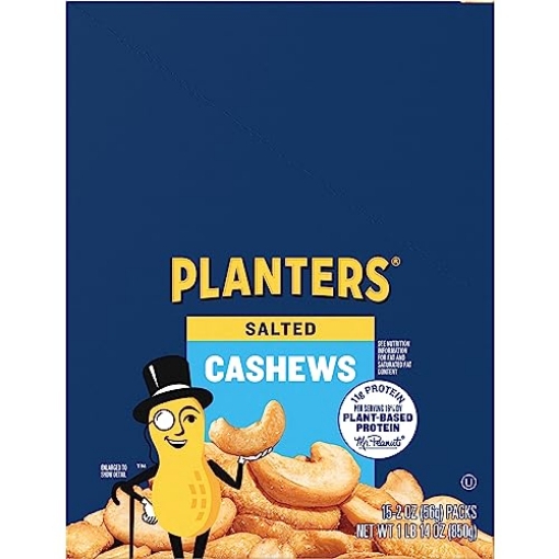 Picture of Planters Pride 549750 PLANTERS Salted Cashews, Roasted Cashews, Snacks for Adults, 2 oz Packages, 15 Count (PK-15-EA)