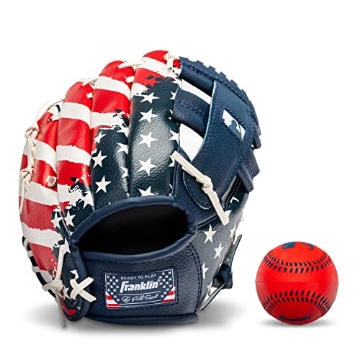 Picture of FRANKLIN 22900 Franklin Sports Tee Ball Glove - Right Handed Youth Fielding Glove - MLB® Synthetic Leather Baseball Glove - Ready to Play Glove (RTP) - 9.5 Inch Right Hand Throw - MLB® USA with Ball, Red/White/Blue (EA)