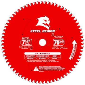 Picture of Diablo D0770F Diablo Steel Demon Carbide-Tipped Saw Blade for Thin Metal - Ideal for Roofing, Siding, Decking, and Metalworking - 7-1/4" Diameter, 70 TCG Teeth, 5,800 Max RPM - D0770F (EA)