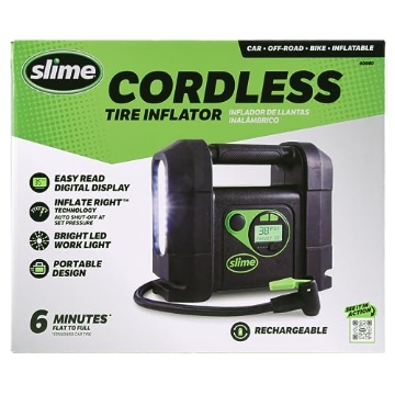 Picture of Slime 40080 Slime 40080 Cordless Tire Inflator, Rugged Portable Air Compressor Pump with Auto Shut Off, Lithium Ion Battery and LED Light, Rechargeable (EA)