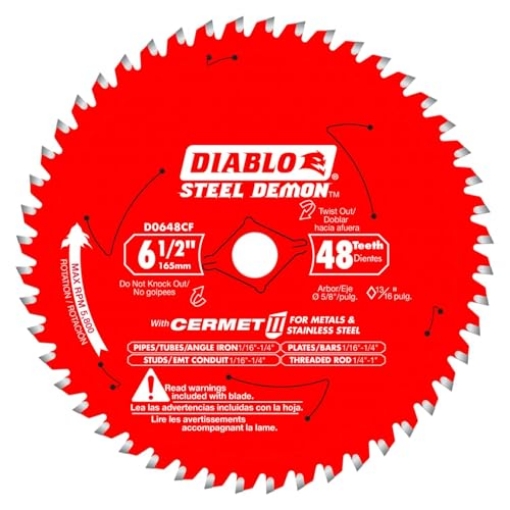 Picture of Diablo D0648CFX Diablo Steel Demon Cermet II Saw Blade for Metals and Stainless Steel - 6-1/2" Diameter, 48 TCG Teeth, 5/8" Arbor, .061" Kerf, 0� Hook Angle, 5800 Max RPM - D0648CFX (EA)