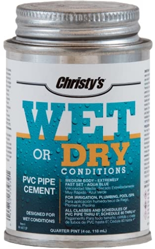 Picture of KEENEY MANUFACTURING 505231 Christy's Wet Or Dry Conditions PVC Cement - Medium Body, Extremely Fast Set, Low-VOC, Aqua Blue, 1/4 Pint (4 fl oz) (EA)