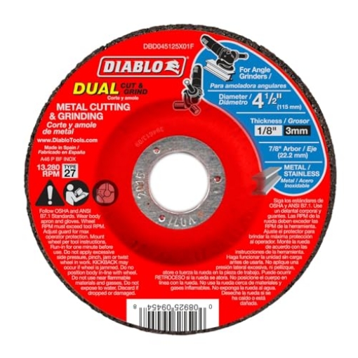 Picture of Diablo DBD045125X01F Diablo Type 27 Metal Dual Cut and Grind Disc - 4-1/2" Diameter, 7/8" Arbor, 27 Hub Type, 1/8" Thickness, 13280 Max RPM - DBD045125X01F (EA)