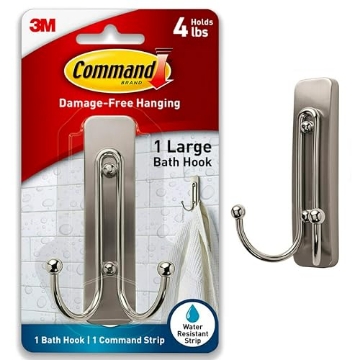 Picture of 3M BATH36-SN-ES Command Large Double Bathroom Wall Hook, Damage Free Hanging Bath Hook with Adhesive Strip, Double Hook for Hanging Bath Towels, 1 Satin Nickel Colored Wall Hook and 1 Water-Resistant Command Strip (EA)