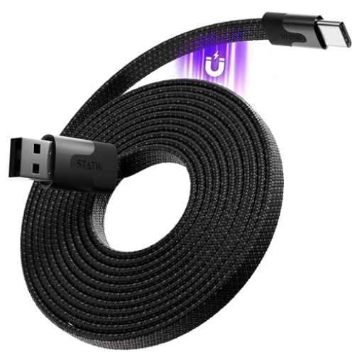 Picture of STATIK PUP-0494-6FT-AC Statik MagStack USB to USB C Cable, Magnetic Anti Tangle Flat A to Type C Charger Fast Charging Cord, Magnetic Charging Cable, Compatible with iPhone 16 Pro Max, 15, Galaxy S24 Ultra, 27W 6FT/2M (EA)