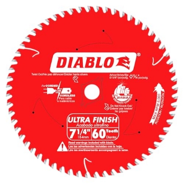 Picture of Diablo D0760X Diablo Ultra Finish Carbide Circular Saw Blade - Ideal for Crosscuts and Rip Cuts in Wood and Plywood - 7-1/4" Diameter, 60 ATB Teeth, 8,000 Max RPM - D0760X (EA)