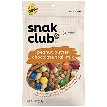 Picture of CENTURY SNACKS LLC 1721502 Snak Club Trail Mix, Sweet & Salty Snacks with Roasted Salted Peanuts, M&M'S Peanut Butter Chocolate Candies, Butter Toffee Peanuts & Pretzels, Perfect Snack Mix, 6 oz Resealable Bag (1 Count) (PK-6-EA)