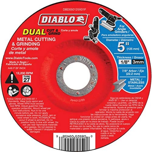 Picture of Diablo DBD050125X01F Diablo 5" Type 27 Metal Cut & Grind Disc - Dual Function Bonded Abrasive, 7/8" Arbor, 1/8" Thickness, Fast Cut & Long Life on Steel, Stainless, Cast Iron - DBD050125X01F (EA)