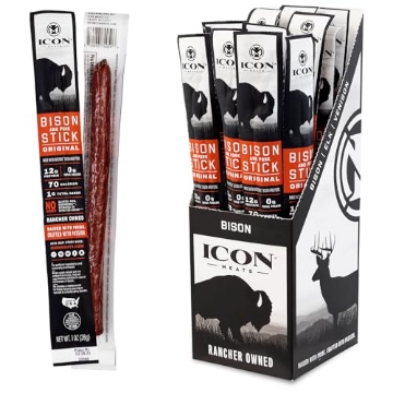 Picture of ICON MEATS 74059 ICON Meats Bison and Pork Snack Sticks - Original Flavor - 24 Pack of Individually Wrapped Jerky Meat Sticks, USDA Approved, All Natural, Diet Friendly, High Protein, Low Calorie, Sugar Free (PK-24-EA)