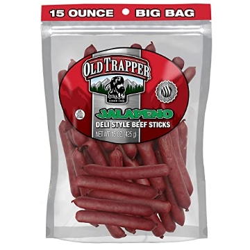 Picture of OLD TRAPPER SMOKED PRODUCTS INC 33215T Old Trapper Deli-Style Beef Sticks, Jalapeño Flavor, 15-Ounce Package, Spicy Beef Sticks, Six Grams of Protein and Zero Grams of Sugar per Serving (Pack of One) (EA)