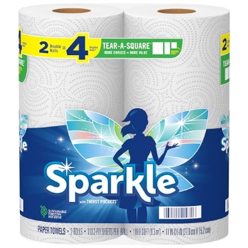 Picture of Sparkle Power, Inc 22272 Sparkle Tear-A-Square Paper Towels, 2 Double Rolls (220 Sheets Total) - Strong 2-Ply Towels for Kitchen Cleanup and Everyday Messes (PK-12-EA)