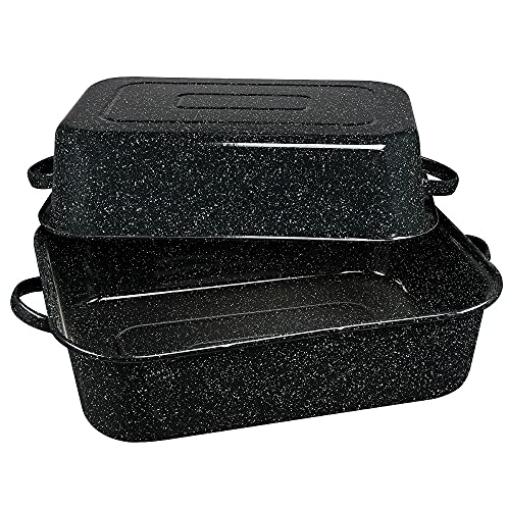 Picture of GRANITE WARE 34771 Granite Ware 21-Inch Covered Rectangular Roaster - Enamel Steel Cookware, Nonstick & Chemical-Free, Dishwasher Safe - 25 Lb Capacity, Large Roasting Pan for Meats, Poultry, Vegetables (Speckled Black) (PK-3-EA)