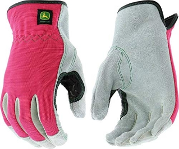 Picture of WEST CHESTER JD00016-WSM West Chester John Deere JD00016-WSM Split Cowhide Leather Gloves - [1 Pair] Small/Medium Women’s Work Gloves, Pink Black (PK-3-EA)