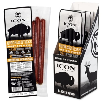 Picture of ICON MEATS 74065 ICON Meats Bison and Pork Snack Sticks - Honey BBQ Flavor - 6 Packs Per Box, 4 Sticks Per Pack, All Natural Jerky Meat Sticks, USDA Approved, Diet Friendly, High Protein, Low Calorie, Low Sugar (PK-6-EA)