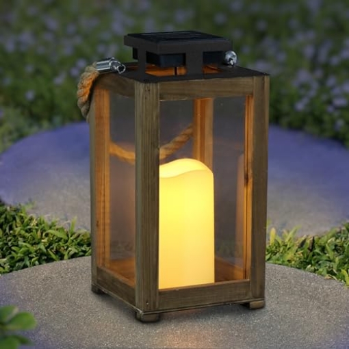 Picture of EXHART 17969 Exhart Outdoor Garden Solar Lights, Tabletop Wood and Glass Lantern, LED Candle, Lawn and Garden Decoration, 5 x 5 x 11 Inch (PK-4-EA)