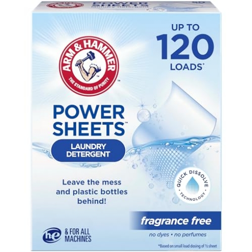 Picture of Arm & Hammer 00368 ARM & HAMMER Power Sheets Laundry Detergent, Fragrance Free, No Dyes or Perfumes, Lightweight and Travel-Friendly, 60 Count, Up to 120 Small Loads (PK-6-EA)